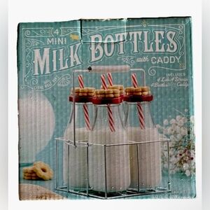 Vintage Glass Milk Bottles w Wire Caddy Straws Farmhouse Drink Set 4 Pack